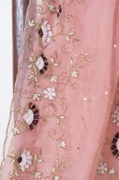 Onion Heavy Zardosi and Karchupi Pure Muslin Saree - Komoniyo